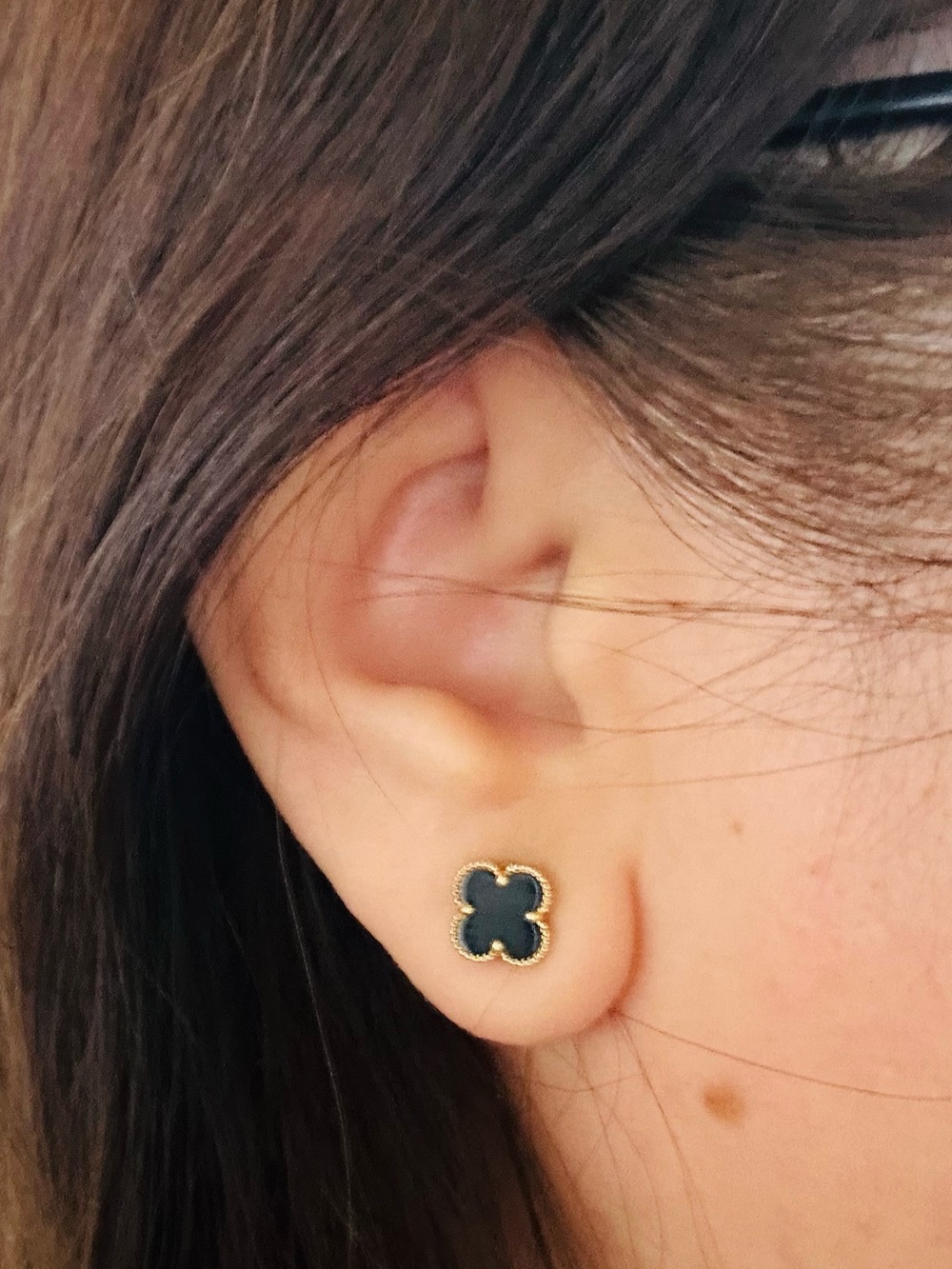 18k Gold Trim Black Clover Stud Earrings -